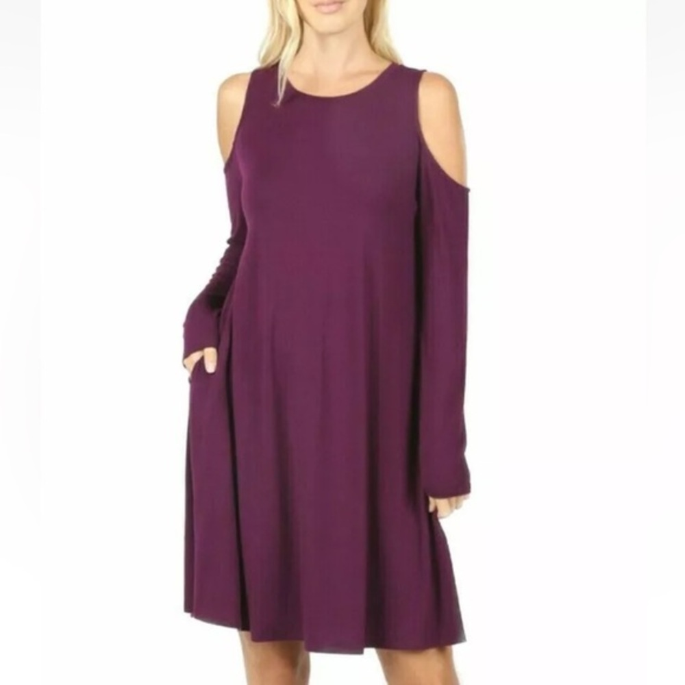 Neiman Marcus Cold Shoulder Midi  Dress in Burgundy.
Size XS